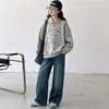Conjunto casual estilo coreano para meninas, moletom color block com estampa de cachorro, gola virada e jeans wide leg, conjunto de duas peças para crianças mais velhas, tendência de outono
