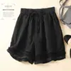 Pantalones de Algodón y Lino con Encaje Hueco Vintage de 8 Colores para Mujer, Cintura Elástica con Cordón, Pierna Ancha, Pantalones Cortos Casuales Cómodos, Cintura Alta
