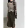 Falda midi recta de cintura alta con tacto de terciopelo Luxi, de cuero, para mujer, nueva para otoño 2026, estiliza, versátil para ir al trabajo, 99056