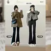 Calças Flares Forradas com Fleece Pretas para Mulheres, Outono e Inverno Cintura Alta Petite Caimento Fluido Slim-Fit Casuais Bootcut Calças de Alfaiataria
