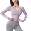 Ropa de Yoga con Almohadilla en el Pecho Femenina Sexy Espalda Ajustada Manga Larga Top de Fitness Camiseta Deportiva para Correr Otoño