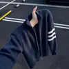 Suéter Cárdigan de Punto de Tres Barras Americano para Hombre Otoño Corte Limpio Sensación de Alta Gama Estilo Perezoso Chaqueta Abrigo con Cremallera