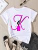 Nova Camiseta Feminina Combinação de Alfabeto de Nome Arte de Unhas Alfabeto Fonte ABCDE Manga Curta Top Camiseta Roupas Femininas