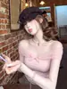 Camiseta rosa de manga corta con retazos de malla y hombros descubiertos para mujer, única y hermosa, corta y ajustada, top de verano para chicas con estilo