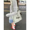 Bolsa de Lona Casual de Gran Capacidad Estilo Coreano para Mujer, Bolsa Tote Versátil con Cierre de Cordón y Diseño de Letras, Bolso de Hombro Portátil Elegante para el Día a Día