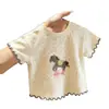 Roupa infantil coreana para meninas, estampa fofa de cavalinho, camiseta de manga curta para meninas, bolinhas, barra com babados moderna, top da moda