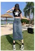 Saia Midi Jeans de Cintura Alta com Fenda para Mulheres, Novo Estilo de Verão 2026, Saia Evasê Petite, Saia Longa Retro Justa ao Corpo