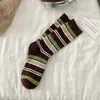 Meias Listradas Coloridas Contrastantes Retro de Agulha Dupla Europeia Ankora Red para Crianças Meias de Pelo Médio Tendência de Roupa Externa para Crianças