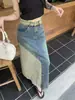 Saia Midi Jeans Retrô com Fenda Estilo Hong Kong para Mulheres, Saia Evasê Slimming de Cintura Alta para Primavera para Corpo Pera, Saia Longa Versátil