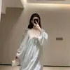 Suave e romântico~Camisola de crepe bolha para mulheres, vestido de manga comprida floral em renda, estilo francês primavera e outono, pode ser usado fora, estilo longo para dormir