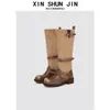 Botas de Tacón Cuadrado con Punta Redonda Pulida Estilo Retro para Mujer, Pantorrilla Ancha, Hebilla Delgada, Caña Alta, Botas de Jinete, Botas Largas