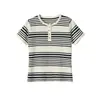 Camiseta de Punto Rayada Estilo Old Money con Cuello Henry para Mujer, Ajuste Holgado Primavera y Verano, Adelgazante, Versátil, Manga Corta Hombro Normal Venta al por Mayor