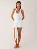Vestido Corto Bodycon Sexy con Escote en V Halter y Tira de Flecos para Mujer, Inspirado en el Diseño Europeo y Americano, Estilo de Alta Gama, Vestido Ajustado para Chicas Atrevidas