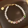 Pulsera de Perlas Empalmadas con Circonita Cuadrada de Color Dopamina, Exquisita y Lujosa, Moda de Alta Gama, Joyería Elegante y Versátil