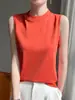Novo modelo de outono de 2026, colete de malha 100% algodão feminino com gola redonda semi-alta, top de manga curta liso