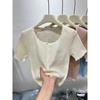 Blusa de Tricô Manga Curta com Renda em Patchwork Estilo Coreano Verão 2024 Novo Estilo Chique Versátil Doce Redutora de Idade com Laço para Mulheres