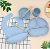 AliExpress Mais Vendido Conjunto de 6 Peças Babador de Bebê Refeição Tigela Redonda Colher Garfo Prato Dielétrico Conjunto de Louça de Silicone Suplementado