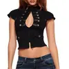 Top de verano para mujer estilo INS retro gótico oscuro transfronterizo con hebilla metálica, cuello alto y diseño gótico con detalles huecos, venta al por mayor