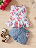 Conjunto de 2 piezas para niñas con Top Morado de Canalé sin Mangas y Shorts de Mezclilla con Cinturón, Ropa a la Moda para Niños