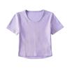 Nova camiseta feminina de verão, gola alta, redonda, vazada, cor sólida, manga curta, estilo europeu e americano, costas vazadas, design básico