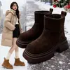 Botas de neve femininas com sola grossa, novo estilo de inverno 2026, forradas com fleece para aquecimento, botas curtas espessadas, antiderrapantes, botas Martin, sapatos grandes de algodão