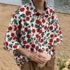 Camisa de manga curta casual de terno vintage estilo de Hong Kong para homens e mulheres havaiano na moda shorts soltos camisa bonita do casal