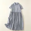 Vestido de Gola xadrez de comprimento médio para mulheres, Novo estilo de verão, Versátil, Corte solto, Vestido de manga curta que cobre o corpo