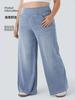 Pantalones de Pierna Ancha de Mezclilla de Nuevo Estilo Transfronterizos Europeos y Americanos para Mujer, Pantalones Casuales Adelgazantes de Bolsillo de Cintura Alta con Detalles de Bigotes