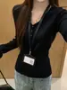 Suéter de Tricô com Botões V-Neck de Manga Longa Estilo Suave para Mulheres Temporada Outono/Inverno Elegante Afinando Suéter de Tricô Canelado Camada Interna Top Básico