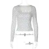 Camiseta Manga Longa Justa com Gola Quadrada de Bolinhas para Mulheres, Moda Tendência Verão 2026, Top Básico Justo para Mulheres