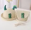 Chapéu de Palha Infantil de Verão Aba Curva Chapéu de Pescador Dinossauro de Desenho Animado Fino Quebra-Sol Respirável Proteção Solar Chapéu de Viagem para Praia