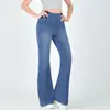 Jeans Lavado New Retro Transfronteiriço Calças Elásticas Modeladoras de Cintura Alta Femininas com Bolsos Calças Fitness Boot-Cut Europeias e Americanas
