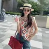 Camisa de Verano 2025 Nueva de Cuello Redondo sin Mangas con Cuentas Estampada Moda Versátil Chaleco Chaleco Delgado Casual