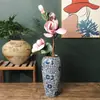 Vaso Jingdezhen Vaso Chinês Sala de Estar Entrada Quarto Flores Secas Conjunto de Três Peças de Vaso de Flores Azul e Flor Crisântemo