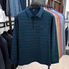 Camisa polo com bolso real para homens de meia-idade e idosos, nova coleção outono 2026, listrada, gola dobrável, camiseta confortável de manga longa para homens