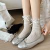 Calcetines de lazo de Primavera y Otoño para Mujer Verano Delgados de Encaje Algodón Blanco con Zapatos Pequeños de Cuero Mocasines Mary Jane de Encaje