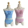 Nuevo Bikini de Baño Sexy de Corea del Sur Estilo Ins sin Tirantes con Cordón para Pecho Pequeño Color Caramelo con Abertura