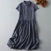 Vestido de Algodón y Lino Teñido en Hilo con Rayas Artísticas Retro para Mujer, Corte Holgado, Vestido Camisa de Largo Medio Adelgazante, Estilo Perezoso