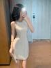Verano 2026 Nueva Ropa para Mujer Vestido Blanco de Lujo con Adorno de Pedrería en el Cuello Halter y Flecos para Adelgazar la Cintura 9517