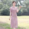 Vestido Cheongsam Melhorado da Mamãe Manga Curta 2025 Primavera e Verão Vestido Midi Retrô Branco Look Emagrecedor