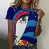 Camiseta de Moda Transpirable de Verano para Mujer con Interesante Estampado de Rostro Abstracto 3D, Nueva Camiseta de Cuello Redondo 2024