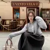 Cárdigan de Punto Corto con Encaje y Empalme Diseño 2025 Nuevo Suéter Chaqueta Superior Gris Negro