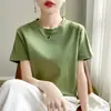 2026 Verão Fina Algodão Penteado Algodão Puro Gola Redonda Manga Curta Camiseta Feminina Básica Versátil Top com Ombro Direito Camiseta Base