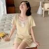 Pijama Sexy de Encaje de Manga Corta Estilo Nuevo 2025 con Almohadillas para el Busto para Mujer Verano Simple Color Puro Casual Conjunto para Estar en Casa