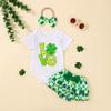 Conjunto de Três Peças Transfronteiriço para Bebê Menina Trevo de Quatro Folhas Camiseta de Manga Curta Chapéu Camiseta Trevo de Quatro Folhas Camiseta Chapéu