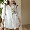 Camisa de algodão com estampa de penas feminina solta de manga comprida primavera e outono vintage artística casual de base simples camisa fina