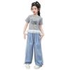 Calça Pantalona para Meninas Novo Conjunto de Verão Estiloso para Crianças Maiores Versão Coreana Versátil Conjunto de Top de Renda e Calça Tendência