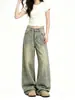 Jeans retrô de perna larga plus size para mulheres, nova coleção de outono, cintura alta, modelagem que emagrece, com estampa, perna reta, fluido e comprimento até o chão