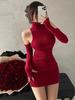Moda Transfronteriza Europea y Americana Estilo Nuevo de Primavera Picante Sexy de Cuello Alto Pura Pasión Hombros Descubiertos Elegante Ceñido al Cuerpo Vestido