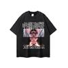 Europeu e Americano High Street Cartoon Direct Injection Impressão oversize Old T-sleeved T-shirt masculina e feminina Hip-hop vibe Estilo Meia manga